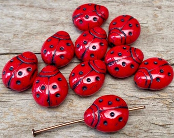 10 böhmische MARIENKÄFER Glasperlen 14x11mm - rot schwarz - ladybug Czech glass beads Käfer