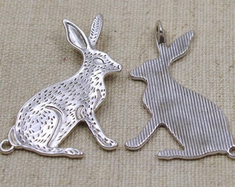 5 Anhänger HASE - ANTIK SILBER 44x26mm - Feldhase