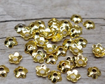 40 bead caps flowers, gold, 6 mm - flower caps