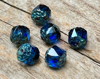 6 Bohemian Cathedral glass beads 8 mm - blue, royal blue, royal blue picasso