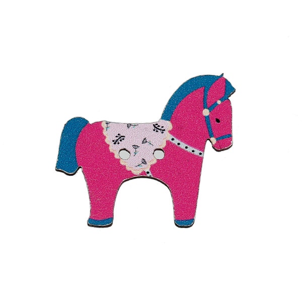 10 wooden buttons-pattern PFERDE-25 x 29 mm-pink pink blue-DALA horse