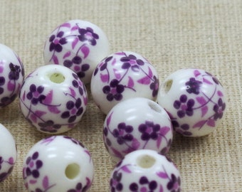 10 Porcelain Beads 12 mm purple white Floret