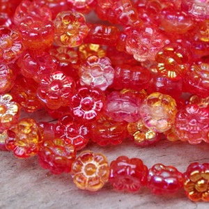 10 Bohemian glass flowers 6 mm flowers - hyacinth half plated AB - flowers - daisies .red orange