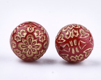 10 XL Vintage Beads - 14 mm - red GOLD decorated - ornaments
