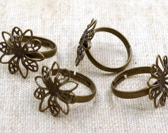 4 ring blanks, BRONZE - blossom - decorated rings