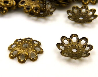 50 Bead Cap Flower Bronze 10 mm flower caps