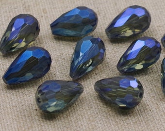 12 Glasschlifftropfen 15x10mm STAHLBLAU - Blau  AB