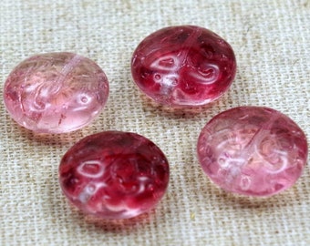 4 Czech glass beads 14 mm Pink fuchsia buttons