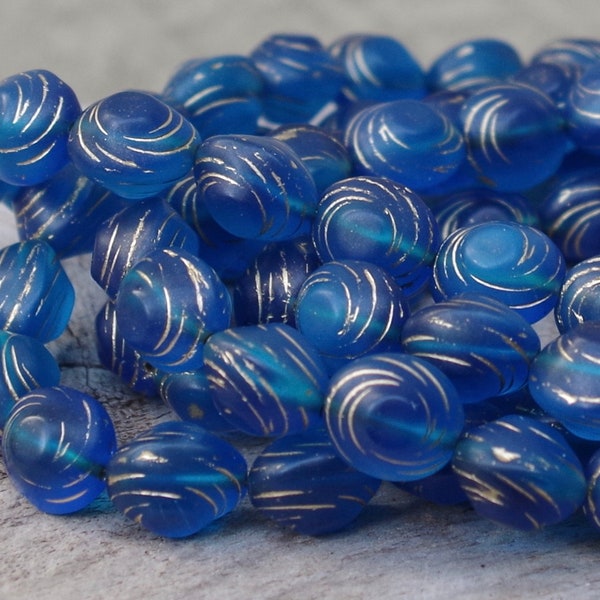 10 bohemian glass beads SCHNECKE - blue petrol blue matt - gold - spiral button lens - 10 x 9 mm