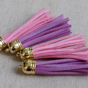 4 pendants TASSELS - pink & purple - GOLD - 75 mm - imitation suede