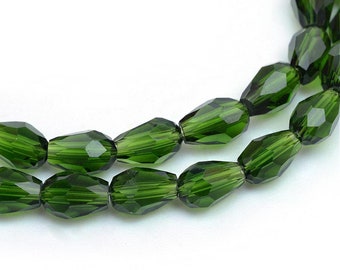 10 Glasschlifftropfen 15x10mm - grün oliv olivgrün - Tropfen - Glasperlen