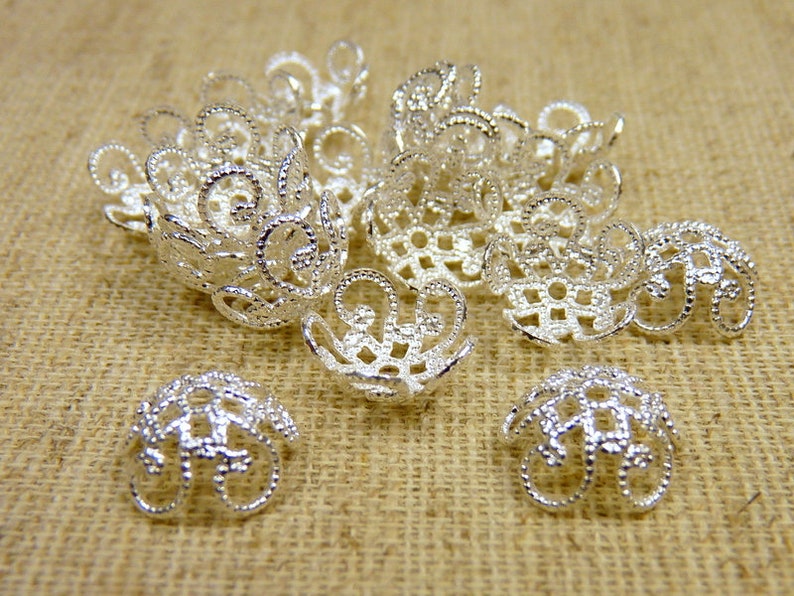 20 filigree bead caps 11 mm SILVER pearl caps image 1