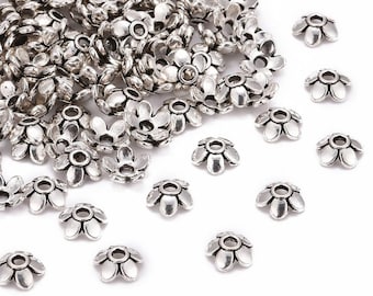 50 small bead caps flowers SILVER flowers antique silver 6.5 mm