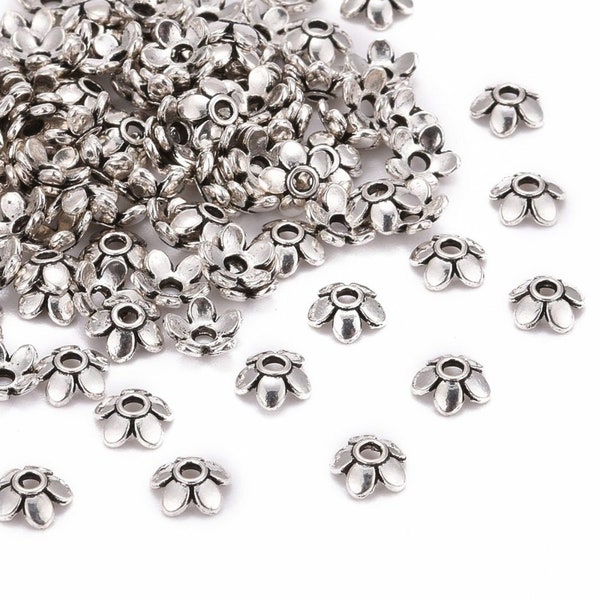 50 kleine Perlenkappen Blümchen SILBER Blumen antiksilber 6,5mm