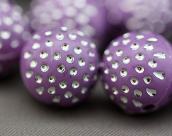 10 beads 11 mm purple silver dotted dots