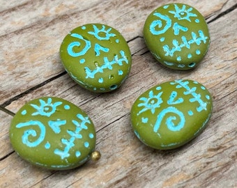 4 Bohemian WOODOO Funny Face glass beads 16 x 13 mm - olive green matt turquoise - skull beads - skull - Día de Muertos