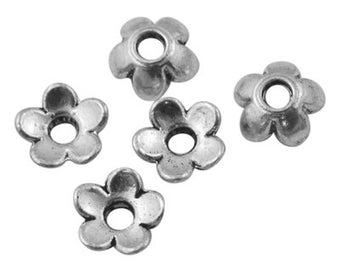 40 Perlenkappen Blumen, Blütenkappen 6mm Silber