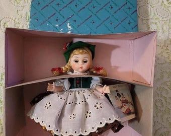Vintage MADAME ALEXANDER Doll 1980&#39;s w Box #598 AUSTRIA 7 1/2&quot; 1976-1990 Retired Intl. Nnpw Outfit Shoes Tyrolean Hat (Bonnet) Free Shipping