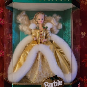 Vintage BARBIE 1994 Happy Holidays Mattel Special Edition NRFB NIB #12155 + 5x7 Picture Gold Fur Trimmed Gown