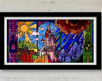 Beauty and the Beast Stained Glass Fine Art Wall Art, Canvas, Artwork, Art Print, Home Decor, Gift