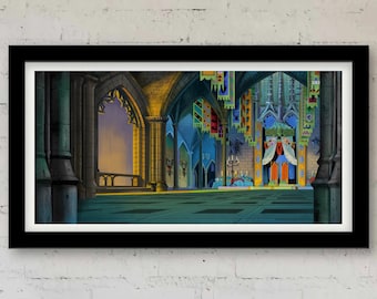 May include: A framed print of a colorful, detailed illustration of a grand hall with high ceilings, arched doorways, and ornate decorations. The hall is empty, but there are banners hanging from the ceiling. The print is 10 inches by 20 inches.