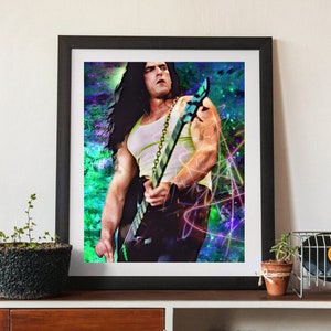 May include: A framed print of a man playing an electric guitar. The man has long black hair and is wearing a white tank top. The background is a colorful abstract design with blue, green, and purple hues.