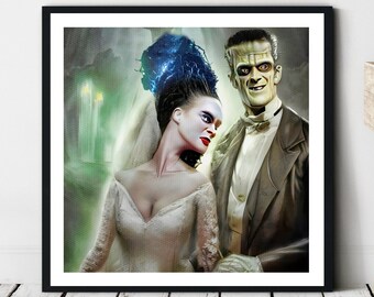 Frankenstein's Monster and Bride Wedding Gift, Painting, Art Print, Wall Art, Canvas, Artwork, Poster, Home Decor