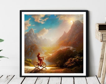 Cyclist in Mountains Fine Art Painting, Wall Art, Canvas, Artwork, Poster, Home Decor, Print, Gift