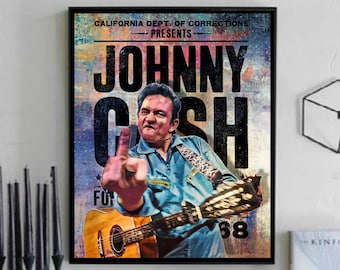 Johnny Cash Middle Finger Wall Art, Canvas, Artwork, Art Print, Home Decor, Painting
