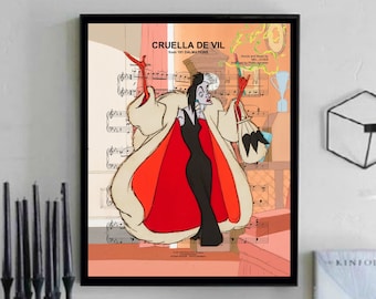 Cruella de Vil Partituras Arte mural, Lienzo, Obras de arte, Impresión de arte, Decoración del hogar, Pintura musical