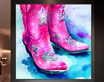 Pink Cowboy Boots Fine Art Painting, Wall Art, Canvas, Artwork, Poster, Home Decor, Print, Gift