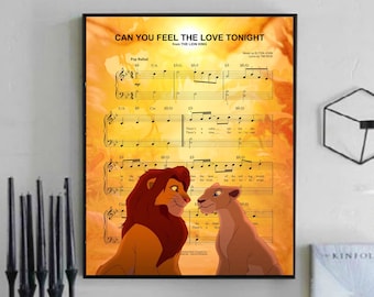 Arte de pared del Rey León, lienzo, obra de arte, impresión artística, decoración del hogar, pintura de partituras Can You Feel The Love Tonight