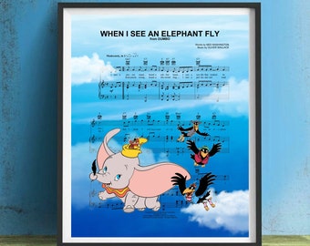 Dumbo Wall Art, Canvas, Art Print, Home Decor, When I See an Elephant Fly Sheet Music Artwork