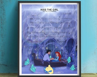 Little Mermaid Kiss The Girl Sheet Music Wall Art, Canvas, Artwork, Art Print, Home Decor, Poster, Painting