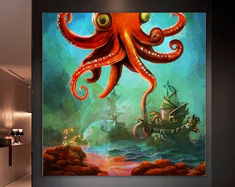 タコと船の絵画 - タコの版画、海賊船の絵画、タコのアート、海賊の