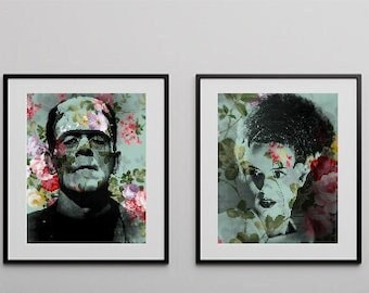 Frankenstein's Monster & Bride of Frankenstein Floral Wall Art, Canvas, Artwork, Art Print, Home Decor, Painting