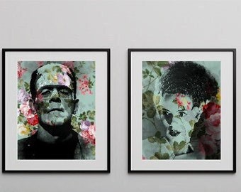 Frankensteins Monster & Braut von Frankenstein Florale Wandkunst, Leinwand, Kunstwerk, Kunstdruck, Dekoration, Gemälde