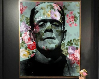 Frankenstein's Monster in Floral Wall Art, Canvas, Artwork, Art Print, Home Decor, Painting