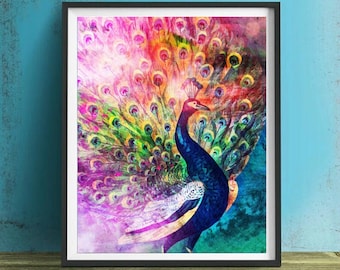 Peacock Colorful Wall Art, Canvas, Artwork, Art Print, Home Decor, Painting