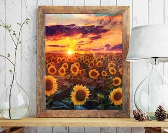 Girasoles en la puesta de sol Vibrante arte mural, lienzo, obras de arte, impresión de arte, decoración del hogar, pintura