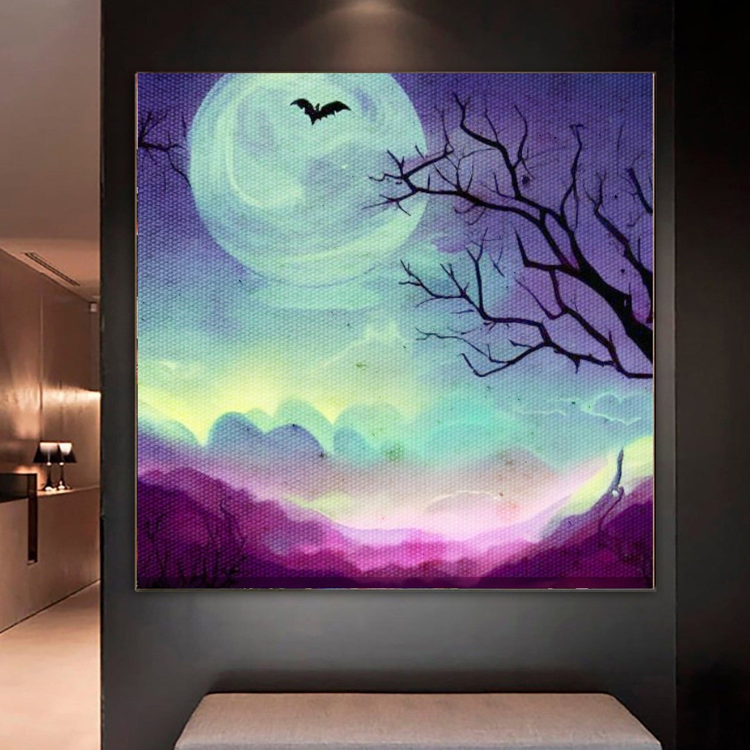 Bat Over Moon Fine Art Painting, Wall Art, Canvas, Artwork, Poster