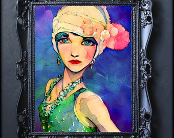 Flapper Acuarela Fine Art Print, Lienzo, Ilustraciones, Art Print, Home Decor, Poster, Wall Art