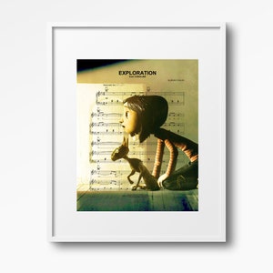 May include: A digital illustration of a girl with short black hair and a red and white striped shirt kneeling on a wooden floor. She is looking to the right, and a black cat with yellow eyes is sitting beside her. The background is a sheet of music with the title "EXPLORATION from CORALINE" printed at the top.