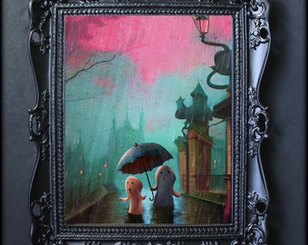 Whimsical Ghosts in the Rain Wall Art, Watercolor Painting, Print, Canvas, Poster, Artwork