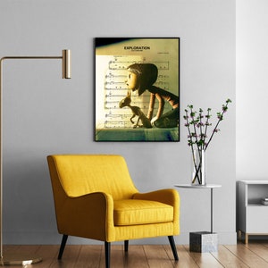 May include: A framed print of a girl and a dog looking up at a sheet of music with the word "EXPLORATION" at the top. The print is hanging on a white wall in a room with a yellow armchair, a floor lamp, and a vase of flowers on a side table.