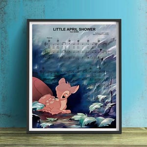 Może przedstawiać: Winietkowy druk partytury muzycznej do piosenki "Little April Shower" z filmu Disneya Bambi. Partytura umieszczona jest na tle leśnej scenerii z jeleniem i młodym jeleniem na pierwszym planie.