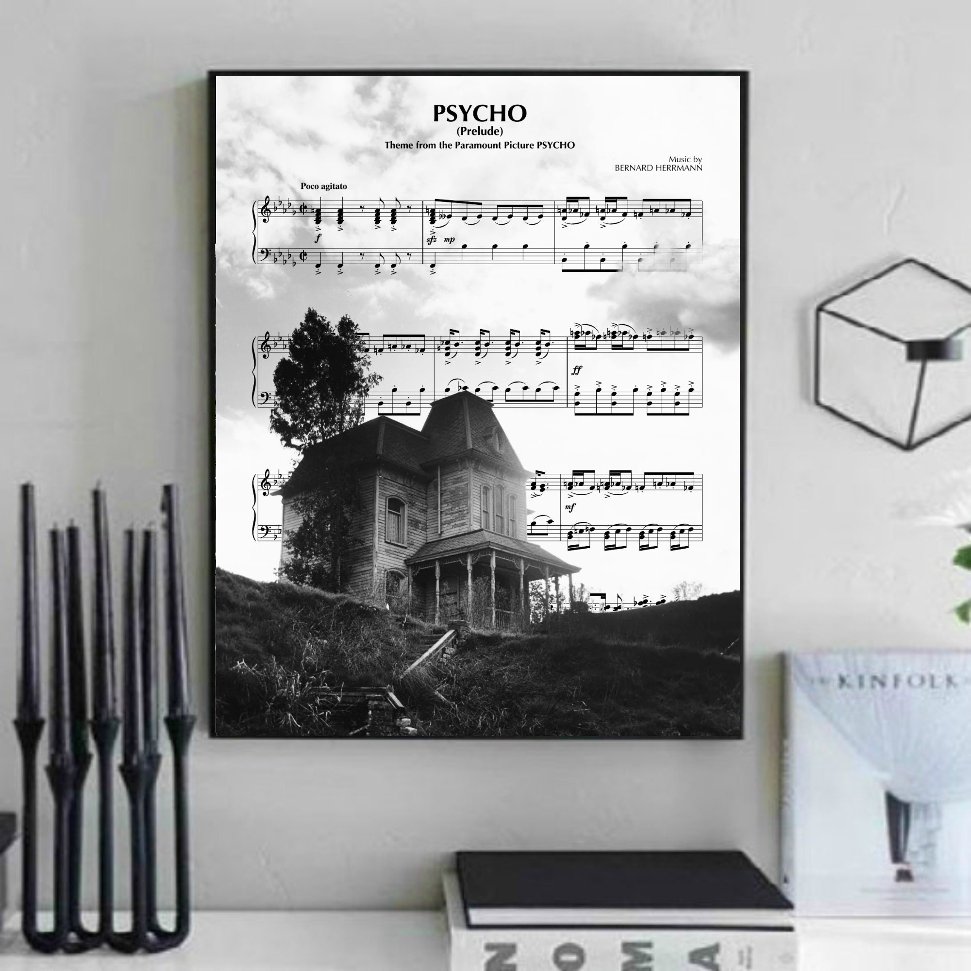 Psycho Movie Theme Song Sheet Music Wall Art, Canvas, Artwork, Art Print, Home Decor, Bates Motel Painting