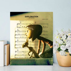 May include: A vintage sheet music print featuring a scene from the movie Coraline. The image shows Coraline, a young girl with black hair, looking at a black cat. The sheet music is titled "Exploration from Coraline" by Bruno Coulais.