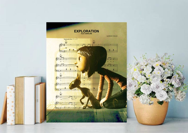 May include: A vintage sheet music print featuring a scene from the movie Coraline. The image shows Coraline, a young girl with black hair, looking at a black cat. The sheet music is titled "Exploration from Coraline" by Bruno Coulais.