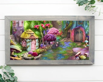 May include: A whimsical illustration of a fairy village nestled in a lush green forest. The village features a small cottage with a thatched roof and a pink door, a larger house with a blue door, and a winding path leading through the forest. The scene is filled with vibrant colors, including pink flowers, purple mushrooms, and a sparkling stream.